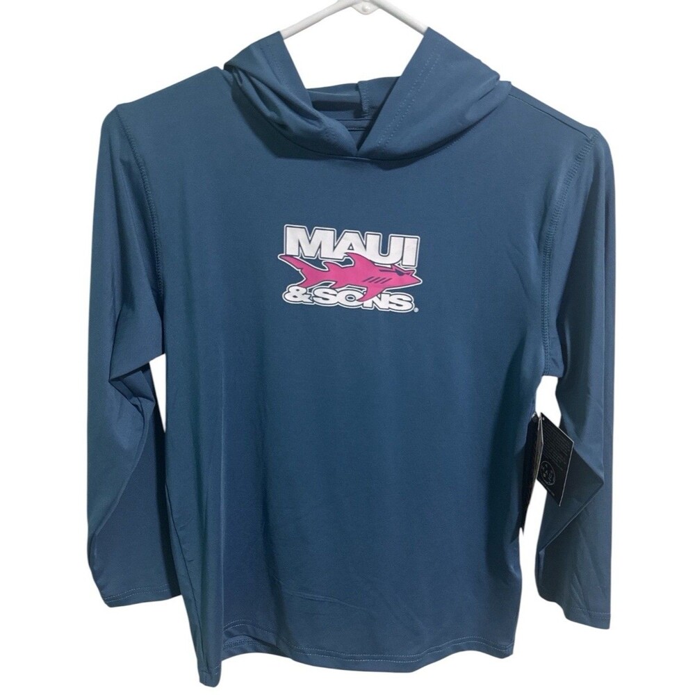 Maui and Sons Rash Guard Boys 10/12 UPF 50 Hooded Swim Shirt Blue Surf NWT